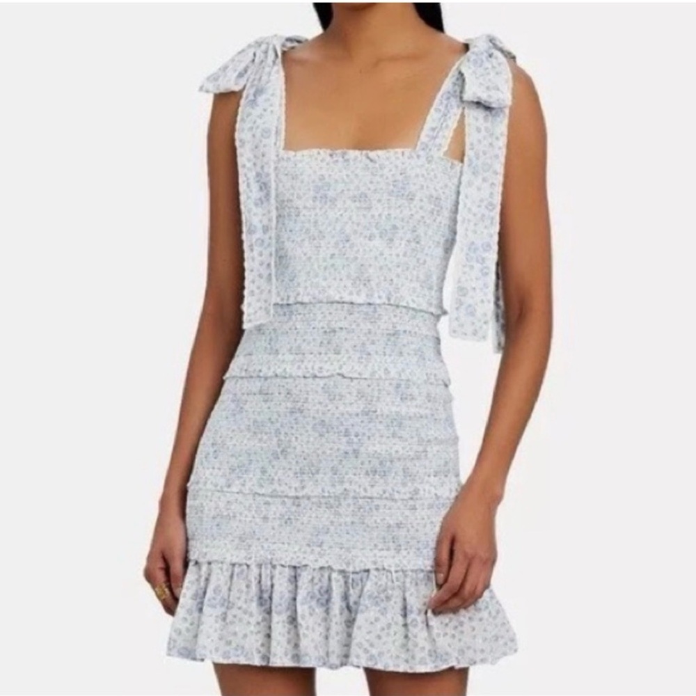 LoveShackFancy Belle Smocked Fitted Floral Mini Dress with Adjustable Straps Sm - Picture 11 of 11